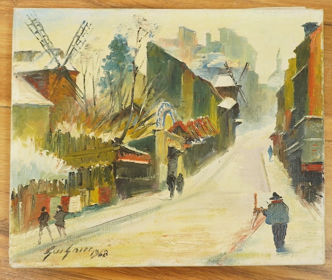Fernand Guignier (French, 1902-1972), oil on canvas, Street scene with figures, signed and dated 1968, 22 x 26cm, unframed. Condition - good